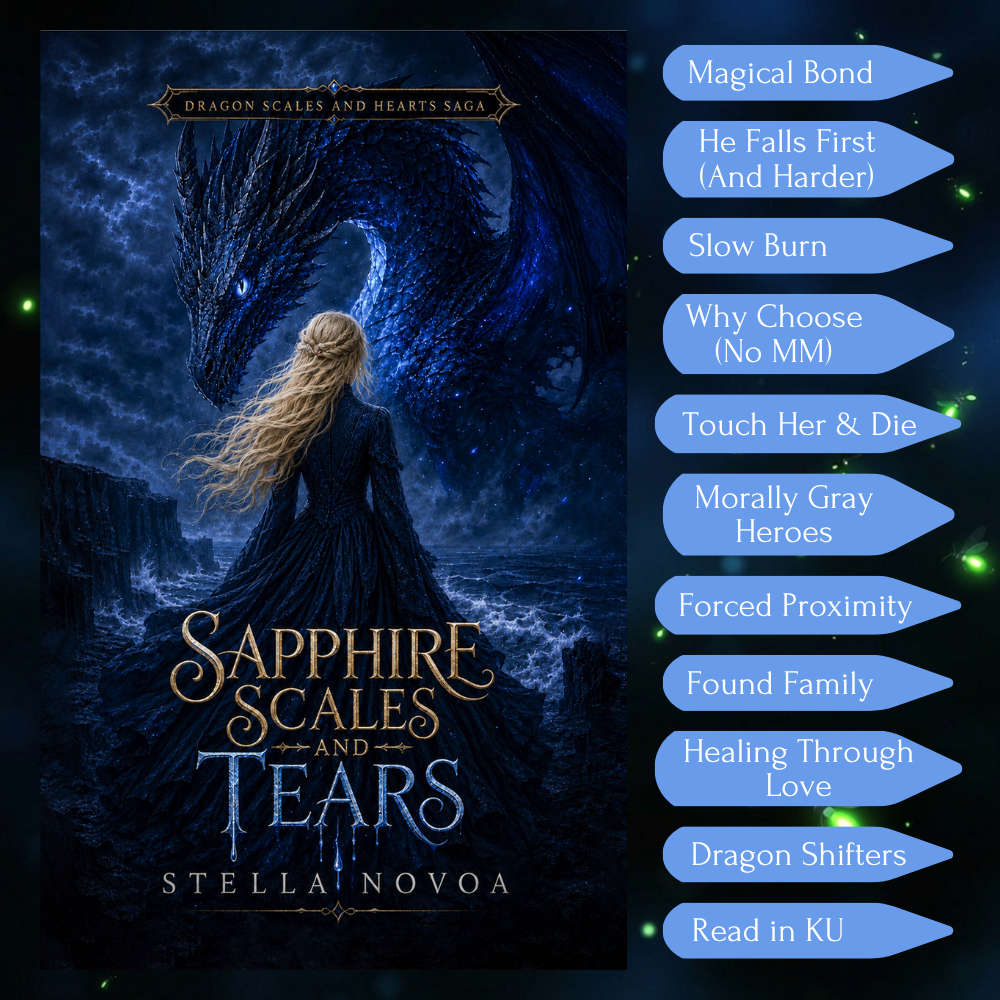 Sapphire Scales and Tears tropes: Magical Bond, He Falls First (And Harder), Slow Burn, Why Choose (No MM), Touch Her & Die, Morally Gray Heroes, Forced Proximity, Found Family, Healing Through Love, Dragon Shifters, Read in KU